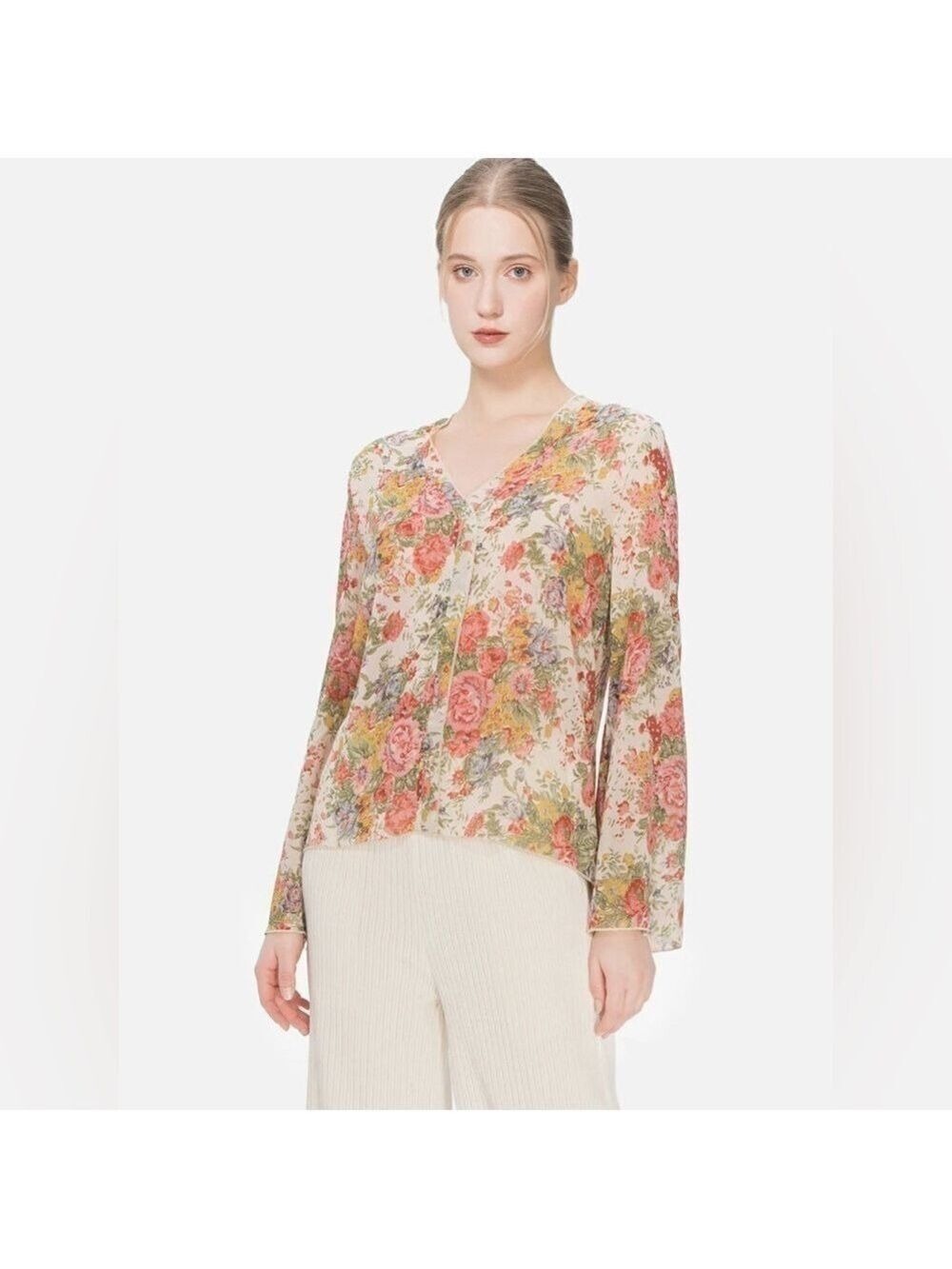 S Deer V-Neck Floral Print Trumpet Sleeve Blouse Sz XL